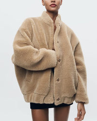 Women's Beige Button-Up Fleece Teddy Jacket
