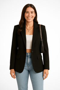 Women's Soft Woven Black Blazer | Elegant Slim Fit Long Sleeve Jacket