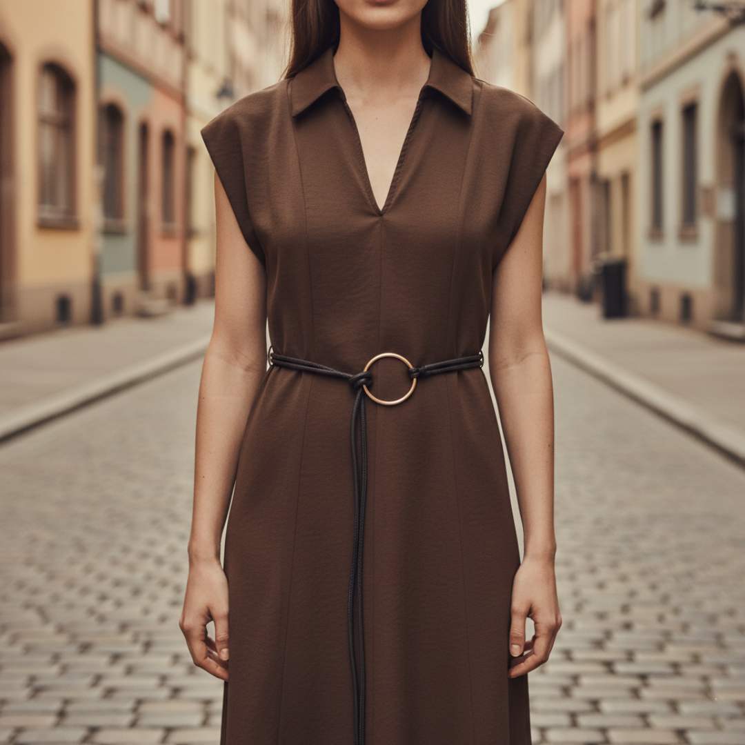 Women's High-Quality Brown Midi Dress | Elegant V-Neck with Adjustable Belt 1