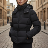 Women's Black Waterproof Puffer Jacket Polyester with Hood