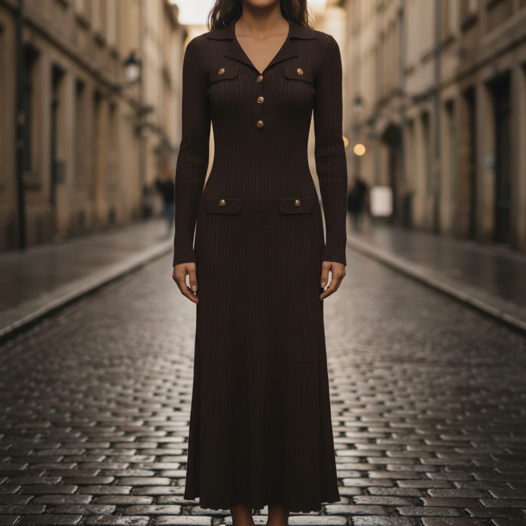 Women's Dark Brown Ribbed Maxi Dress | Elegant Collar Long Sleeve Dress 1