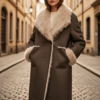 Brown Women's Coat in Synthetic Fabric with Faux Fur Collar