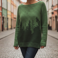 Smaragdgrøn sweater til kvinder med skovmotiv
