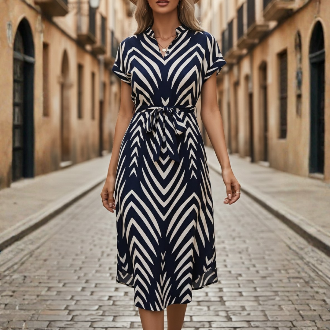 Women's Navy Blue Striped Midi Dress | Elegant V-Neck with Belt 1