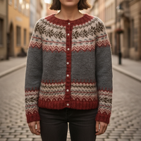 Cardigan da donna in misto lana con bottoni a perla e motivo nordico