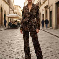 Complete Women's Double-Breasted Blazer with Belt and Leopard Print Pants