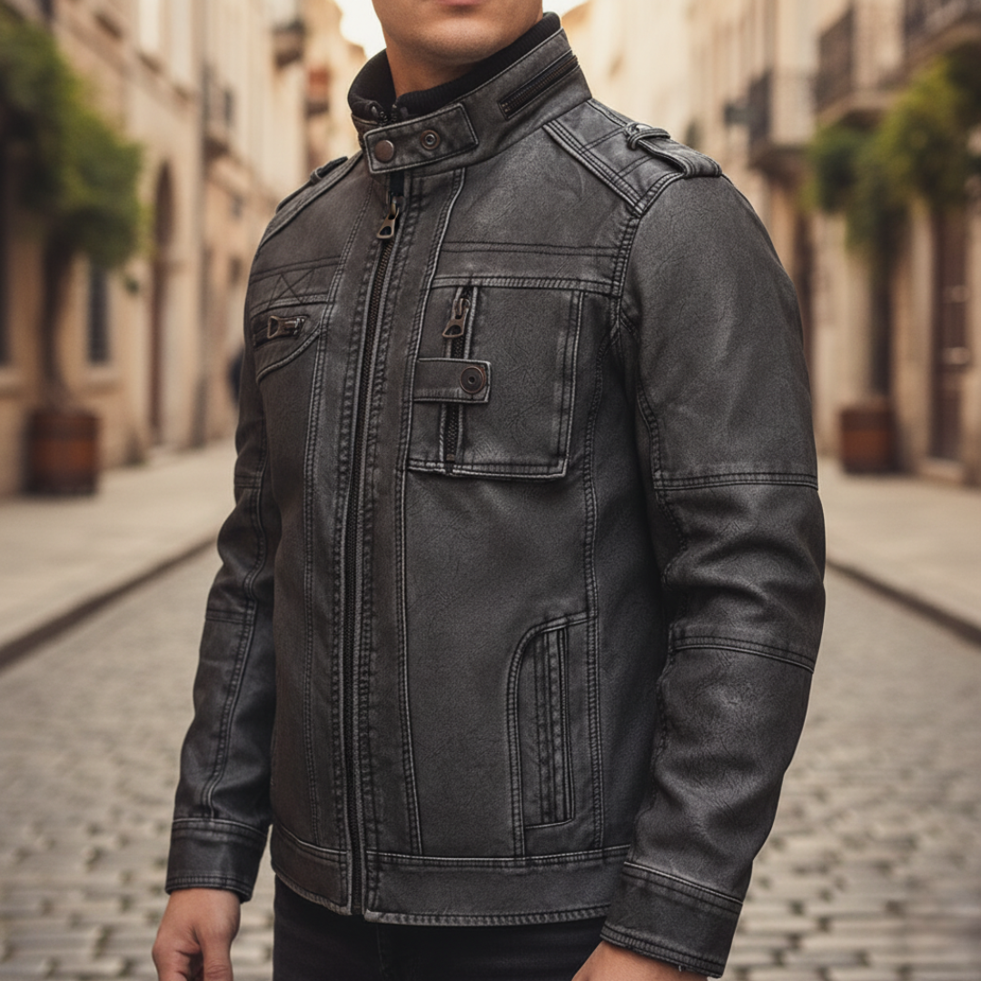 Men's Black Synthetic Leather Jacket | Stylish High Collar Casual Coat 1