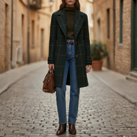 Women's Checkered Polyester Long Coat | Elegant Warm Winter Outerwear