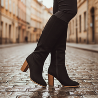 Women's High Knee Square Heel Faux Suede Boots