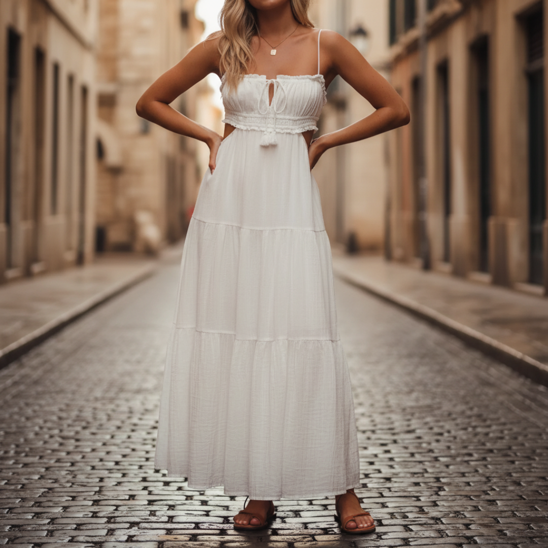 Women's Lightweight Cotton Midi Dress | Elegant Adjustable Straps Ruffled Skirt 1