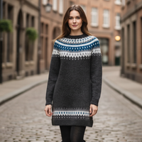 Grå jacquardkjole til kvinder i uld med Fair Isle-mønster