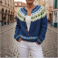 Blue Women's Cardigan with Buttons and Nordic Pattern