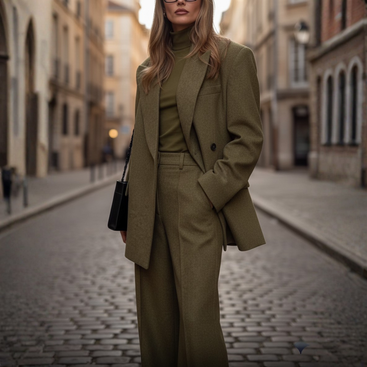 Completo da donna in lana con blazer monopetto e pantaloni a gamba larga