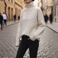 Women's Turtleneck Sweater with Braids in Beige and White