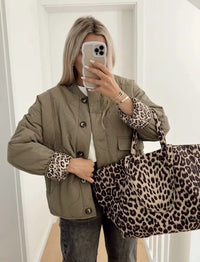 Women's Leopard Lined Quilted Button Up Jacket