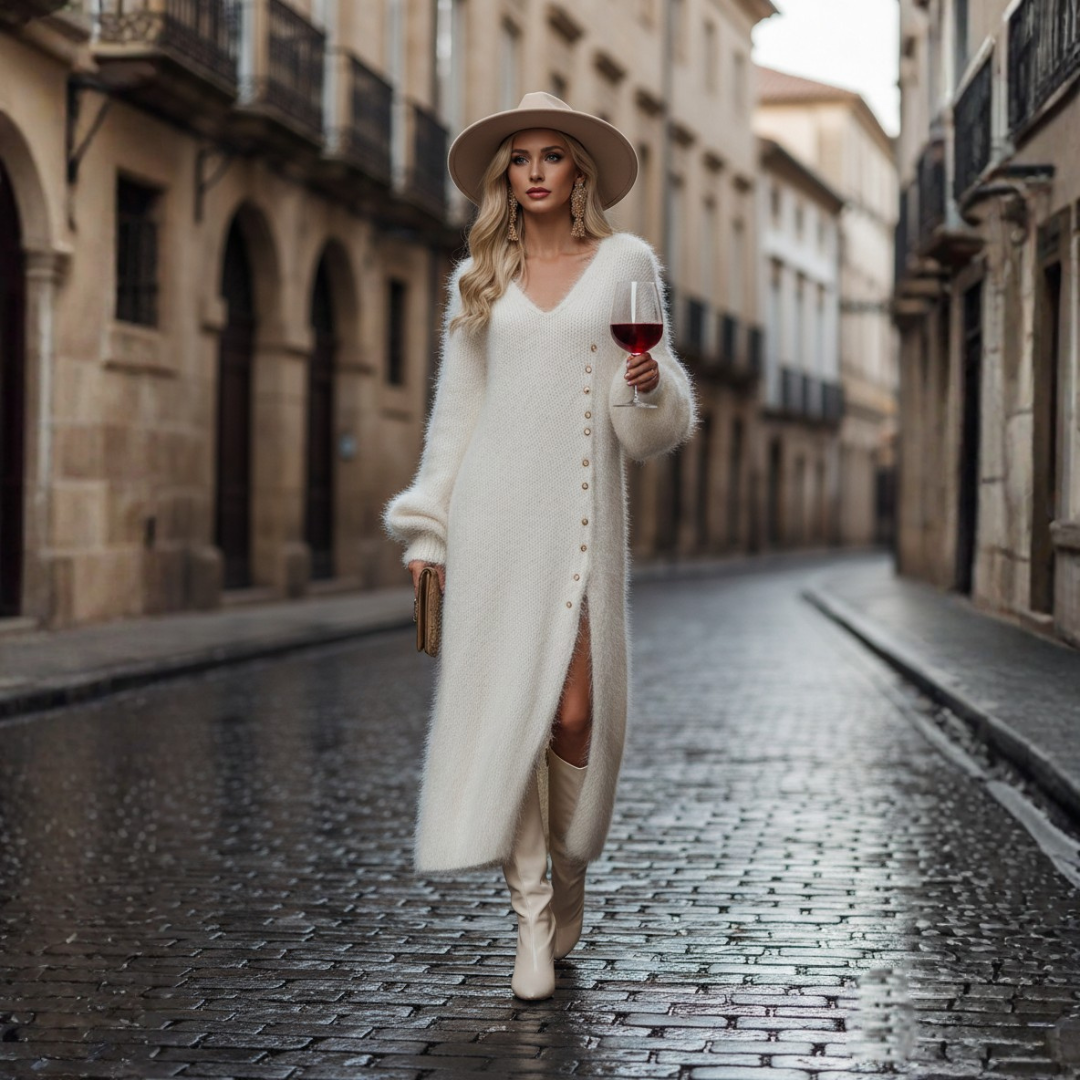 Women's Soft Faux Fur Knit Midi Dress | Elegant V-Neck Long Sleeve Design 1