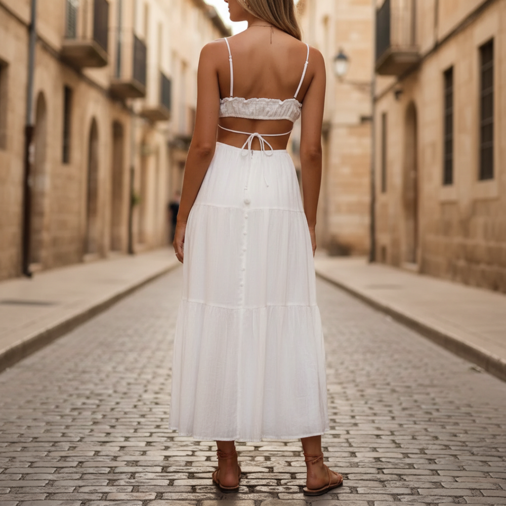 Women's Lightweight Cotton Midi Dress | Elegant Adjustable Straps Ruffled Skirt 2