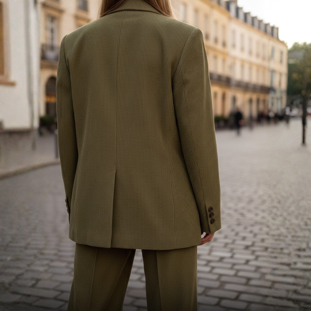 Completo da donna in lana con blazer monopetto e pantaloni a gamba larga