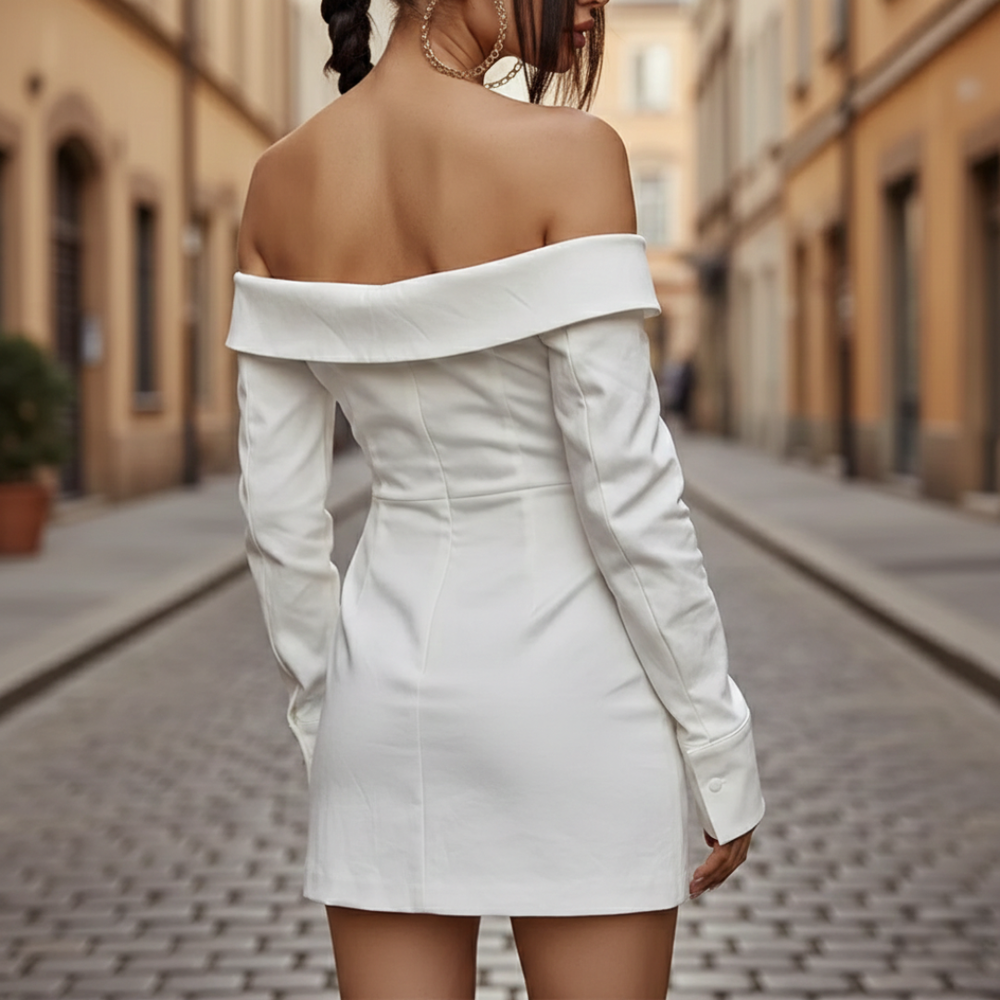 Women's Structured Fabric Mini Dress | Off-Shoulder Long Sleeve Asymmetric Design 2