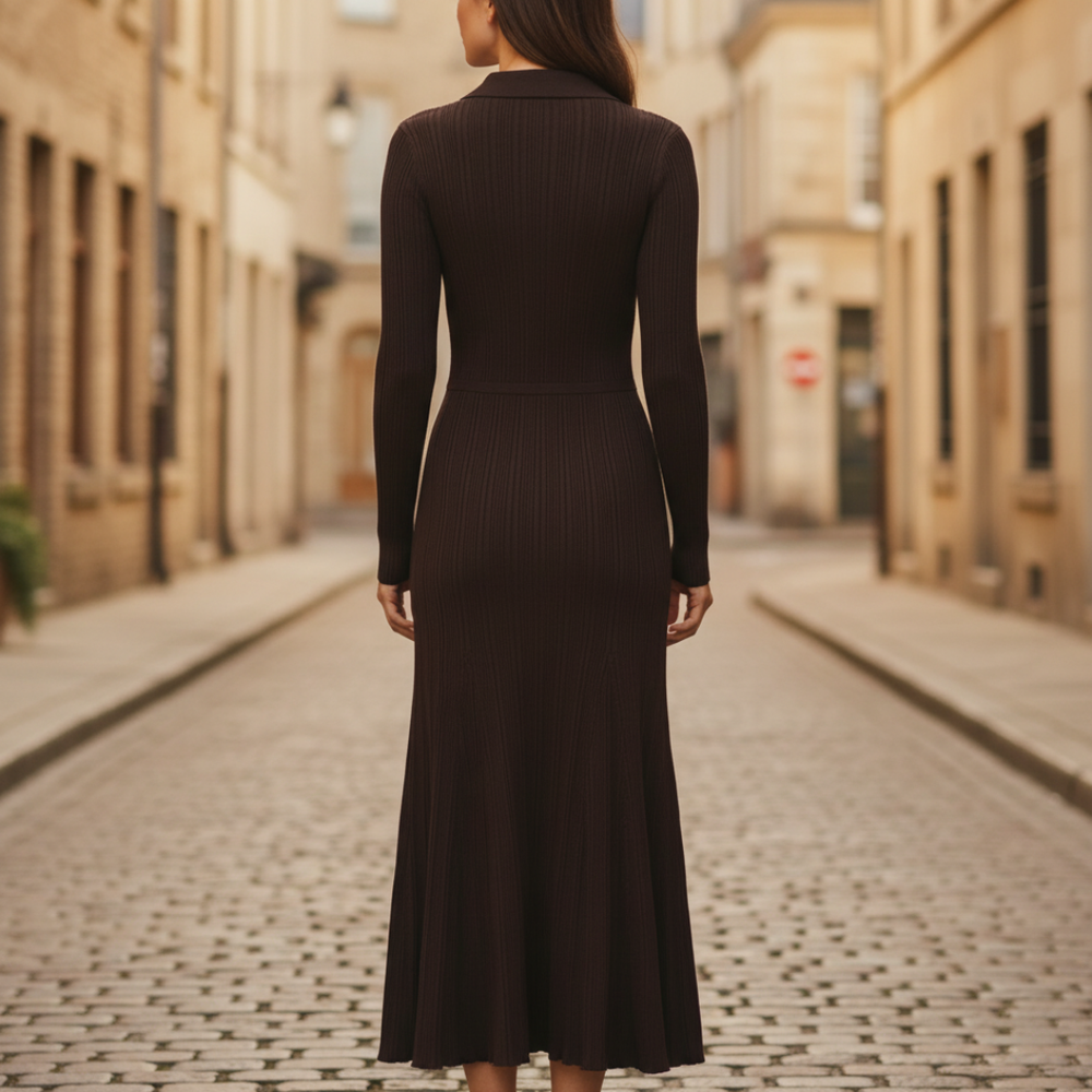 Women's Dark Brown Ribbed Maxi Dress | Elegant Collar Long Sleeve Dress 2