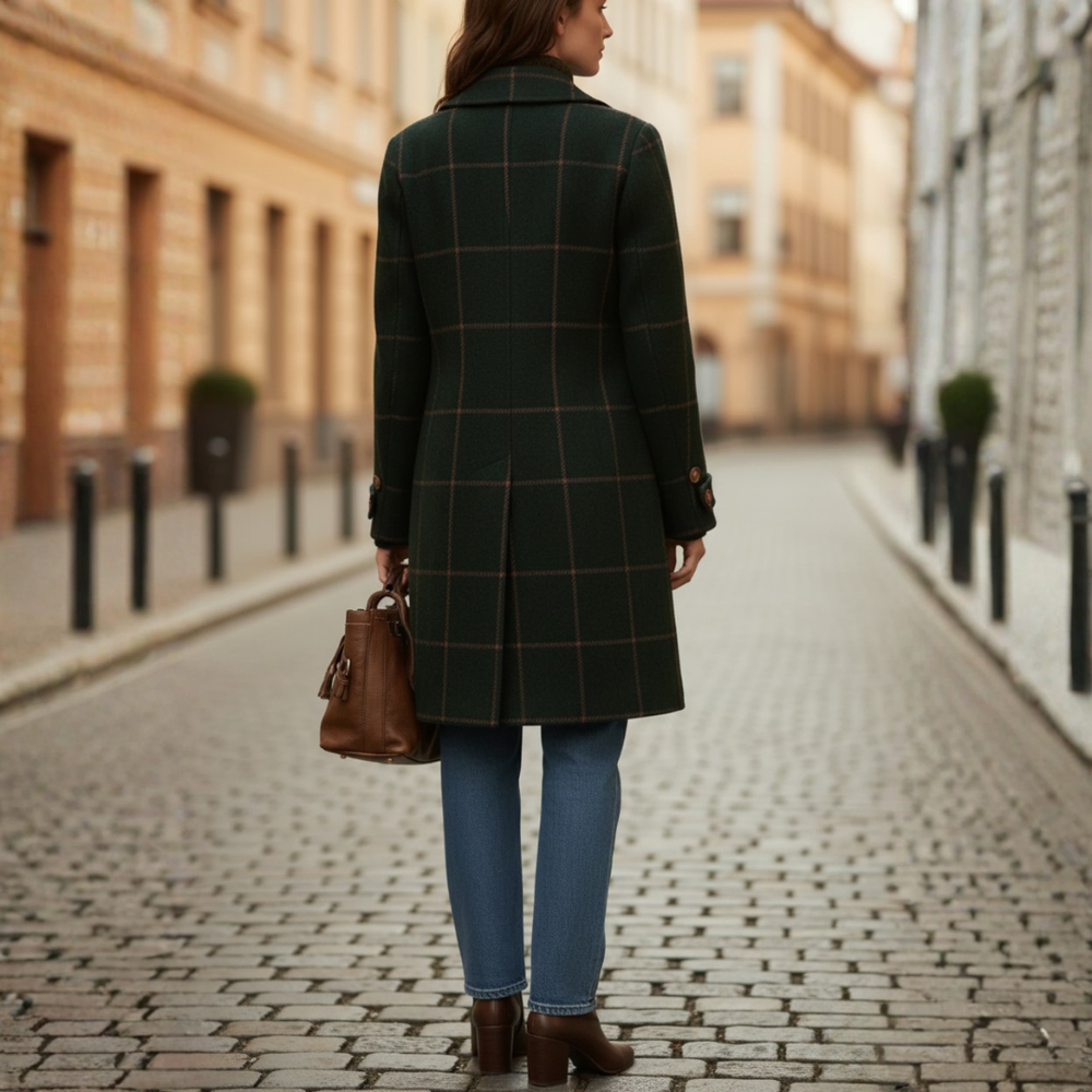 Women's Checkered Polyester Long Coat | Elegant Warm Winter Outerwear 2