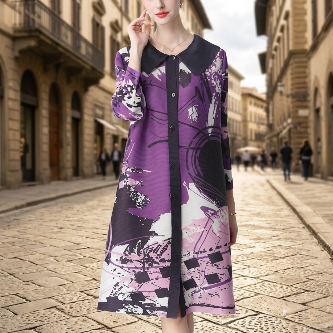 Women's Abstract Print Draped Dress | Elegant Long Sleeve Trapeze Gown 1