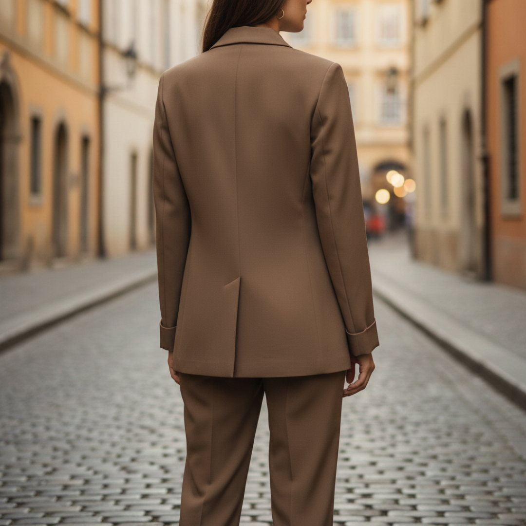 Damesæt med enkeltradet blazer og bukser med vide ben
