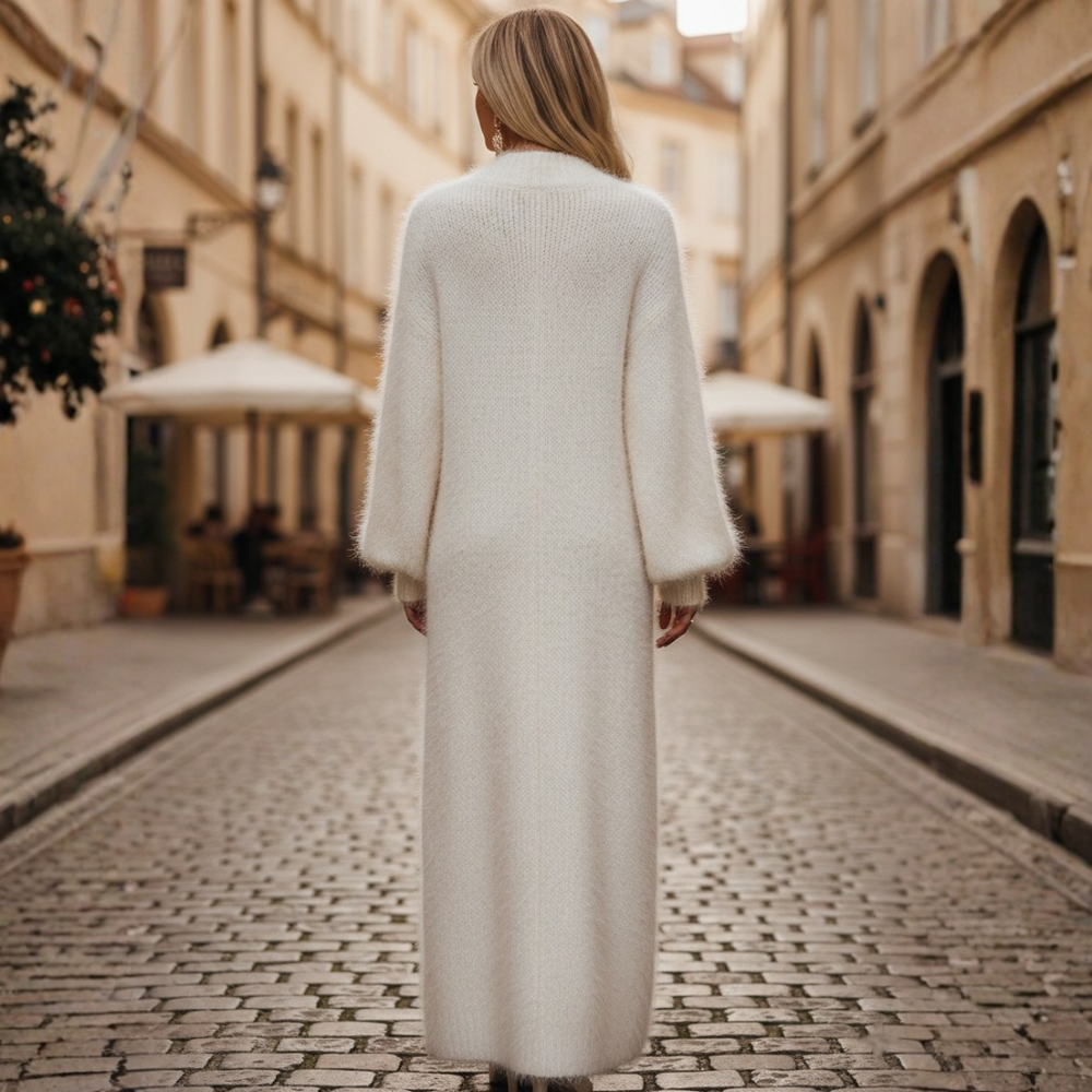 Women's Soft Faux Fur Knit Midi Dress | Elegant V-Neck Long Sleeve Design 2
