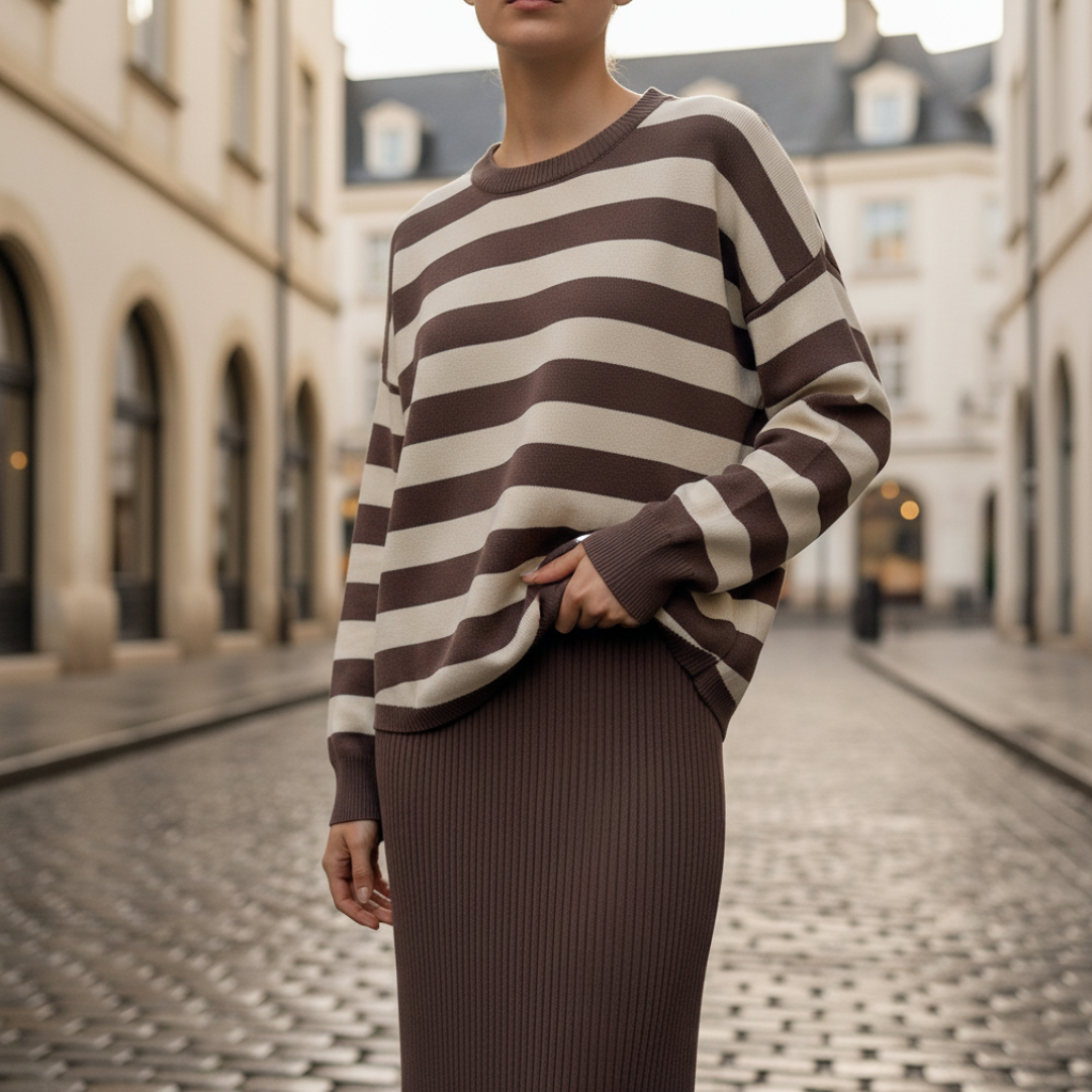 Oversized striktrøje med striber og nederdel til kvinder
