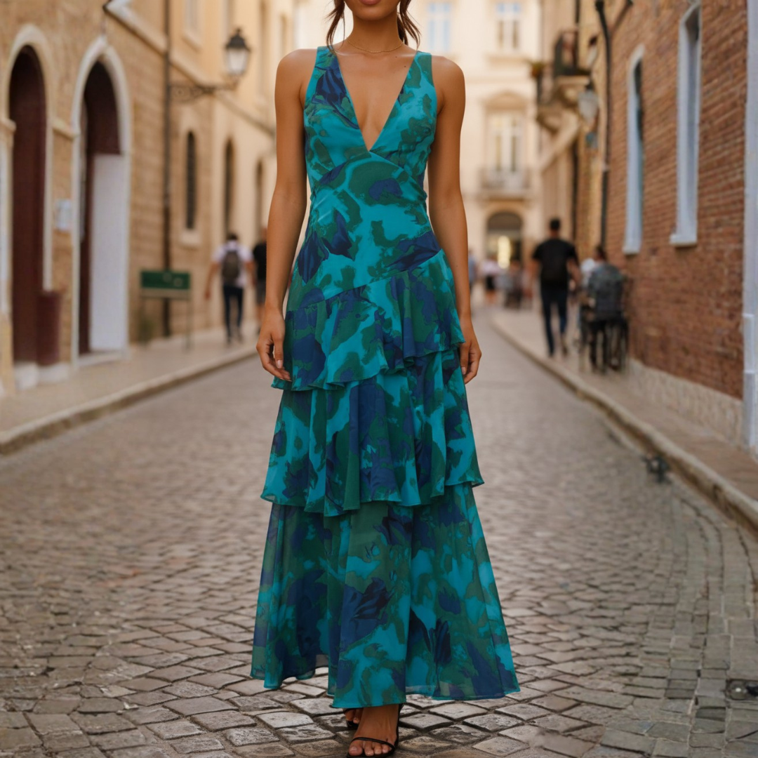 Women's Multicolored Abstract Print Long Dress | Elegant Sleeveless V-Neck Gown 1