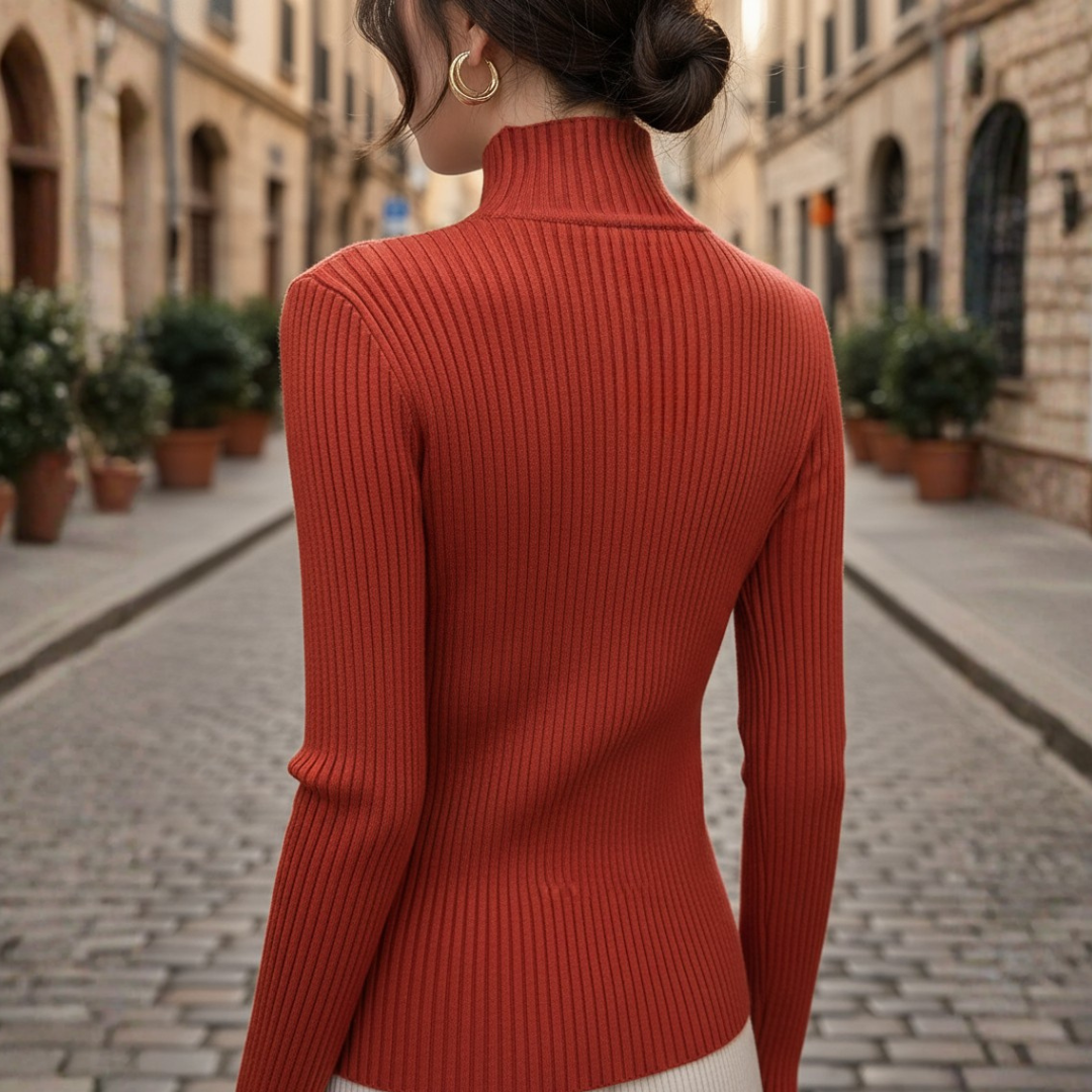 Maglione da donna a collo alto a coste in tessuto misto