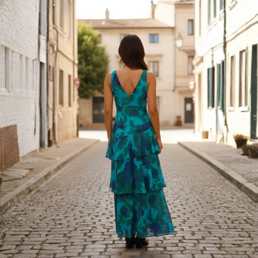 Women's Multicolored Abstract Print Long Dress | Elegant Sleeveless V-Neck Gown 2