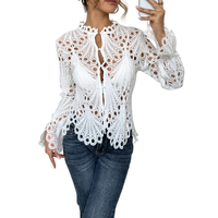 Blusa da donna in pizzo traforato, maniche lunghe e top traforato