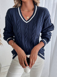 Women's Contrast Trim V Neck Cable Knit Sweater