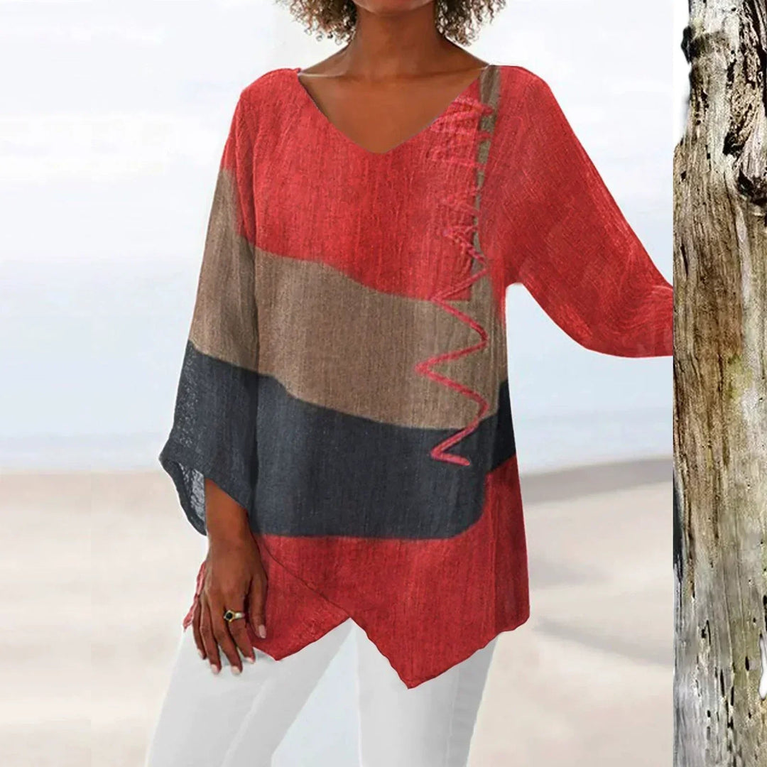 Women's Artistic V-Neck Long Shirt with Asymmetrical Hem 1