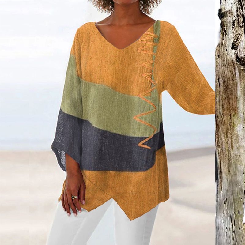Women's Artistic V-Neck Long Shirt with Asymmetrical Hem 2
