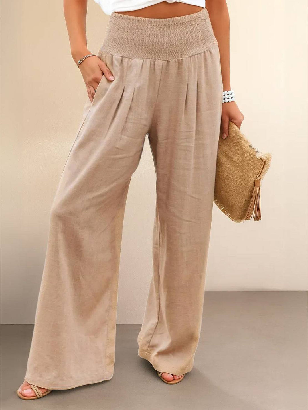 Women's High Waist Smocked Wide Leg Trousers 1