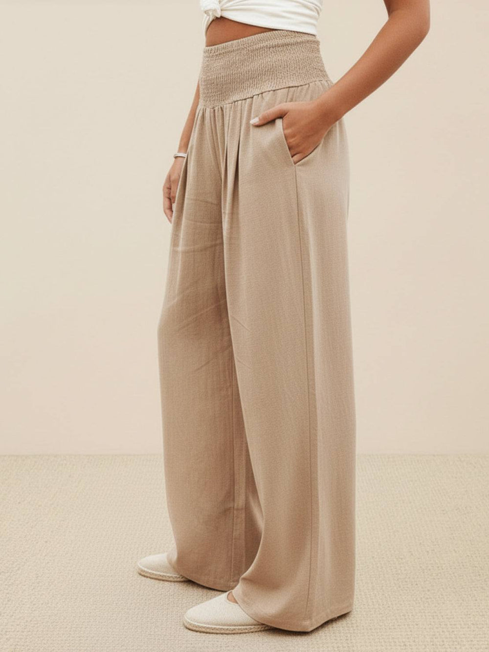 Women's High Waist Smocked Wide Leg Trousers 2