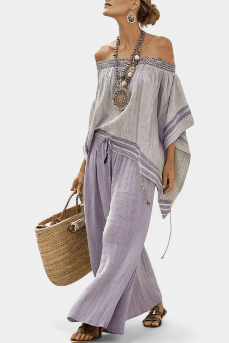 Women's Chic Striped Wide-Leg Pants Off-Shoulder Top Outfit 1