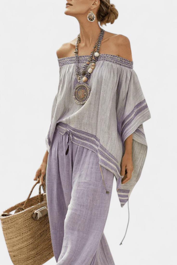Women's Chic Striped Wide-Leg Pants Off-Shoulder Top Outfit 2