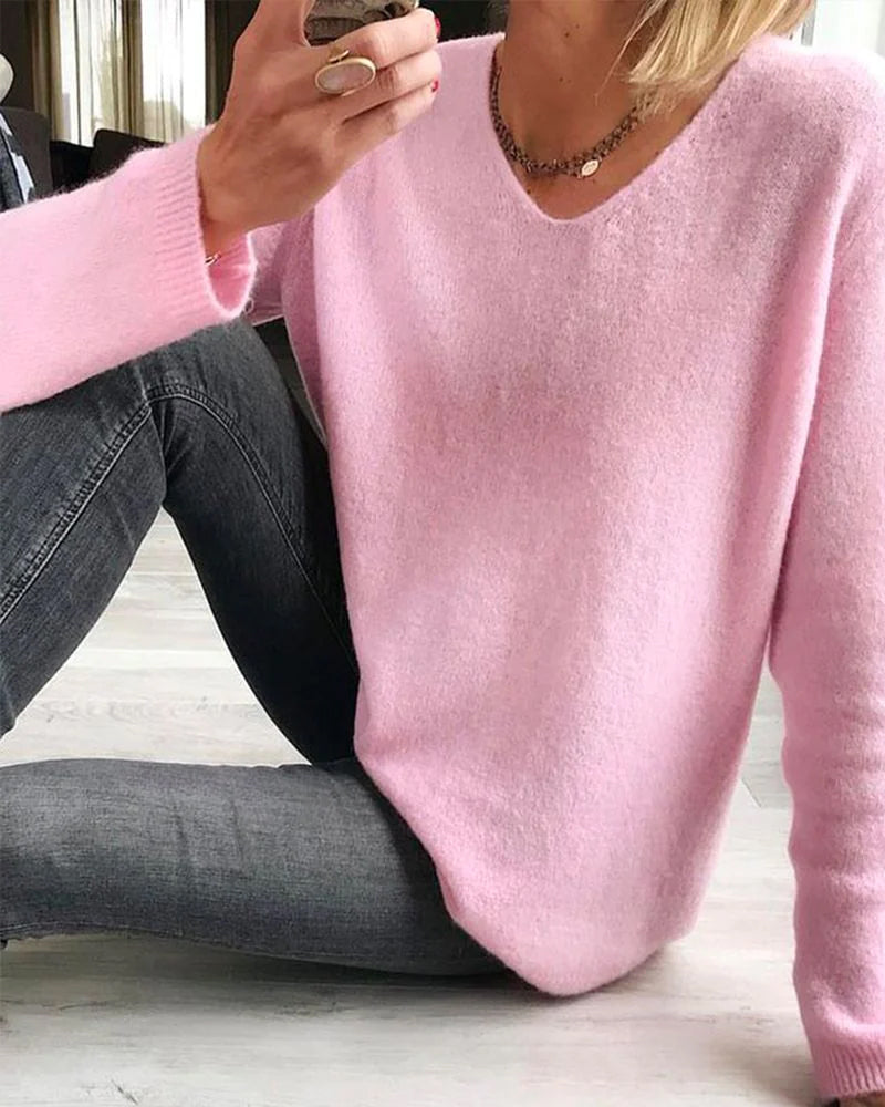 Women's Cozy Relaxed Fit Long Sleeve V Neck Sweater 2