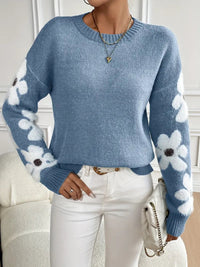 Women's Floral Sleeve Crew Neck Knit Sweater