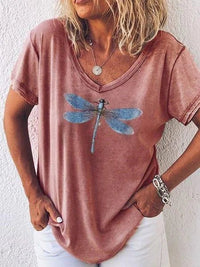 Women's Casual V-Neck Short Sleeve Dragonfly Print Tee