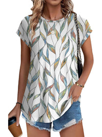 Top casual da donna con stampa di foglie, scollo rotondo e maniche corte