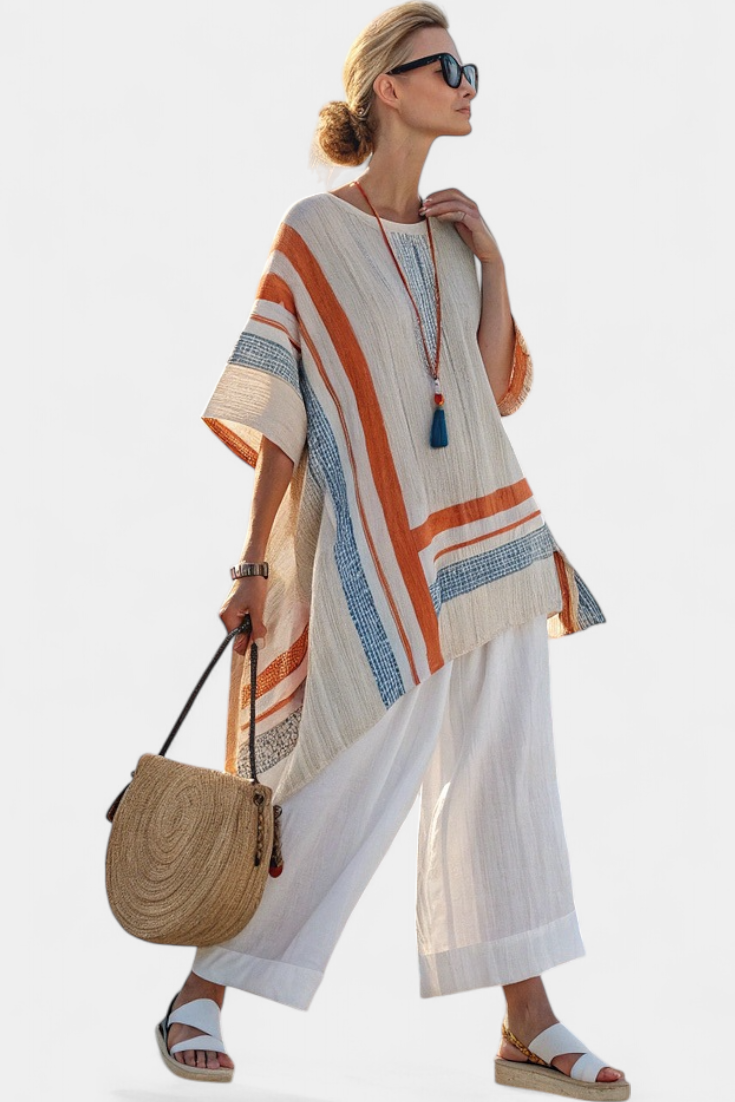 Women's Lightweight Asymmetrical Striped Summer Blouse and Pants Set 1