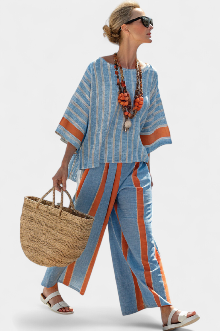 Women's Relaxed Terracotta Striped Top and Pants Set 1