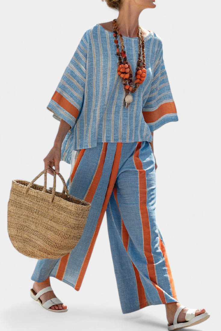 Women's Relaxed Terracotta Striped Top and Pants Set 2