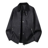 Men's Snap Placket Faux Leather Bomber Jacket