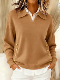 Women's Polo Collar Gold Button Knit Sweater