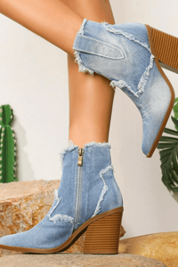Women's Frayed Denim Pointed Toe Western Ankle Boots